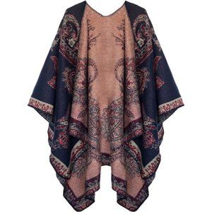 Women's Color Block Shawl Wrap Open Front Poncho Cape